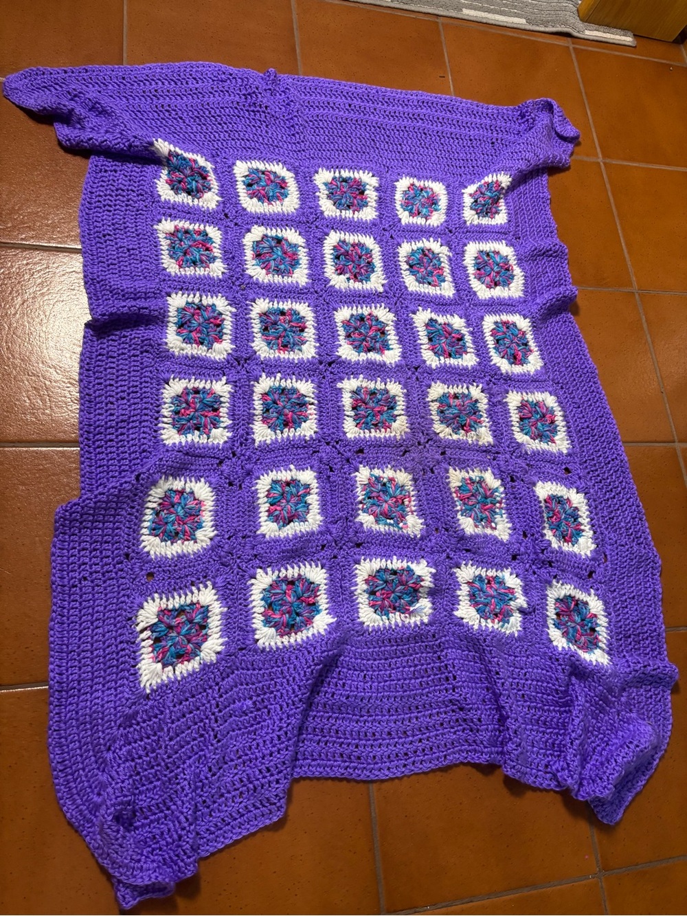 Vintage crocheted purple granny square handmade afghan throw blanket dopamine